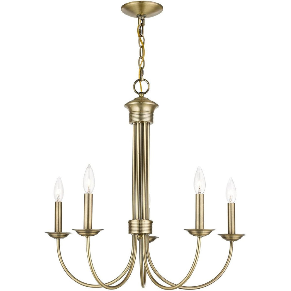 HomeRoots Antiqued Brass Five-Light Chandelier - Dimmable Metal Design with Steel Shades for Elegant Lighting 687361