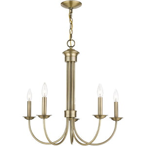 HomeRoots Antiqued Brass Five-Light Chandelier - Dimmable Metal Design with Steel Shades for Elegant Lighting 687361