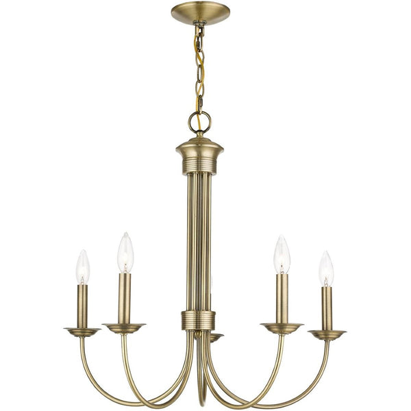 HomeRoots Antiqued Brass Five-Light Chandelier - Dimmable Metal Design with Steel Shades for Elegant Lighting 687361