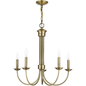 HomeRoots Antiqued Brass Five-Light Chandelier - Dimmable Metal Design with Steel Shades for Elegant Lighting 687361