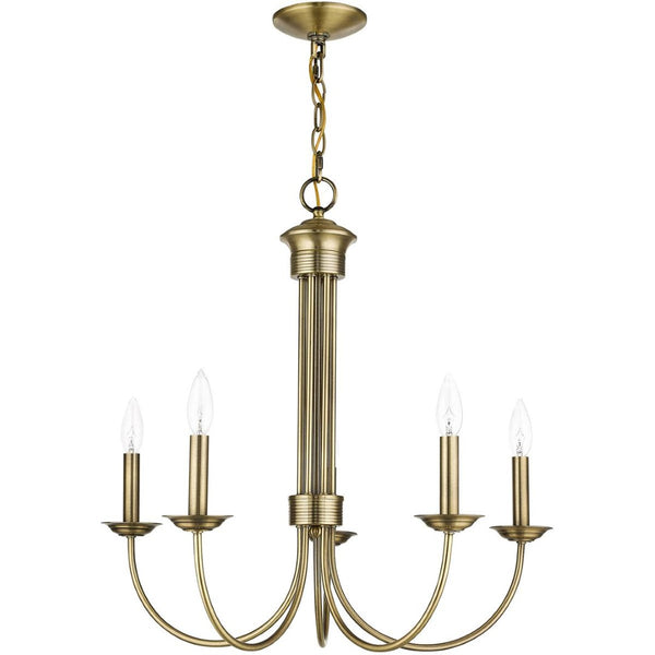 HomeRoots Antiqued Brass Five-Light Chandelier - Dimmable Metal Design with Steel Shades for Elegant Lighting 687361