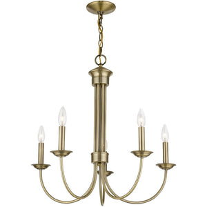HomeRoots Antiqued Brass Five-Light Chandelier - Dimmable Metal Design with Steel Shades for Elegant Lighting 687361