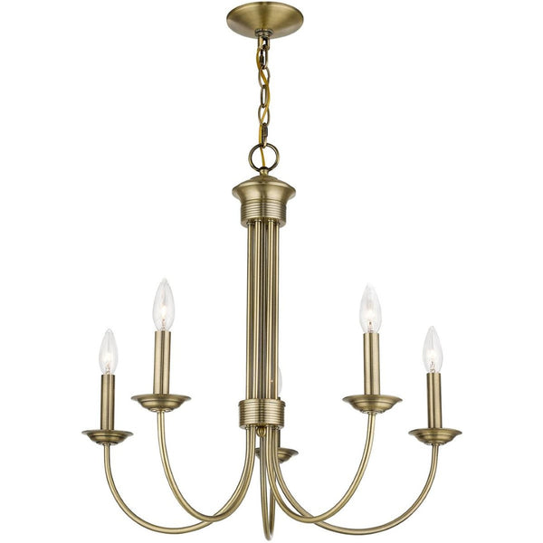 HomeRoots Antiqued Brass Five-Light Chandelier - Dimmable Metal Design with Steel Shades for Elegant Lighting 687361