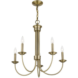 HomeRoots Antiqued Brass Five-Light Chandelier - Dimmable Metal Design with Steel Shades for Elegant Lighting 687361