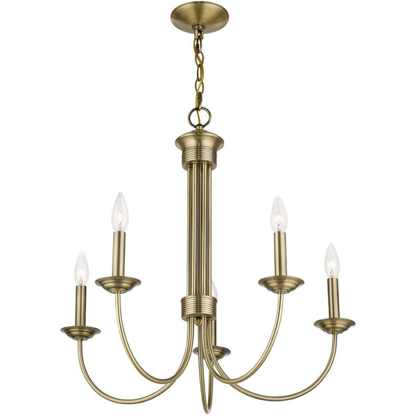 HomeRoots Antiqued Brass Five-Light Chandelier - Dimmable Metal Design with Steel Shades for Elegant Lighting 687361