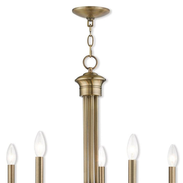 HomeRoots Antiqued Brass Five-Light Chandelier - Dimmable Metal Design with Steel Shades for Elegant Lighting 687361