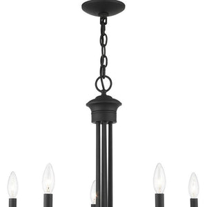 HomeRoots Black Five-Light Metal Chandelier – Modern Dimmable Fixture with Sleek Shades for Versatile Spaces 687363