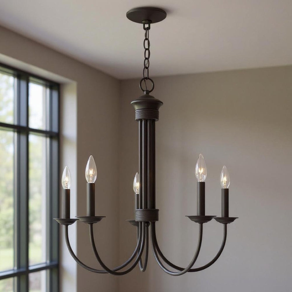 HomeRoots Bronze Five-Light Dimmable Chandelier with Elegant Cylinder Shades for Modern Interiors & Ambiance 687364