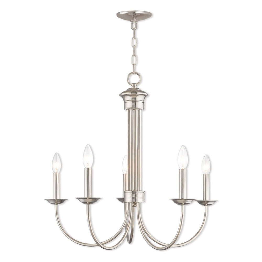 HomeRoots Nickel Five-Light Dimmable Chandelier - Modern Metal Design with Cylinder Shades for Elegant Lighting 687365