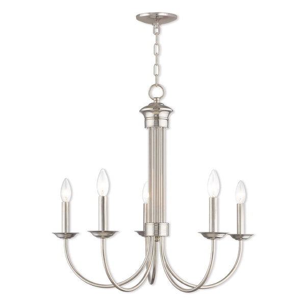 HomeRoots Nickel Five-Light Dimmable Chandelier - Modern Metal Design with Cylinder Shades for Elegant Lighting 687365