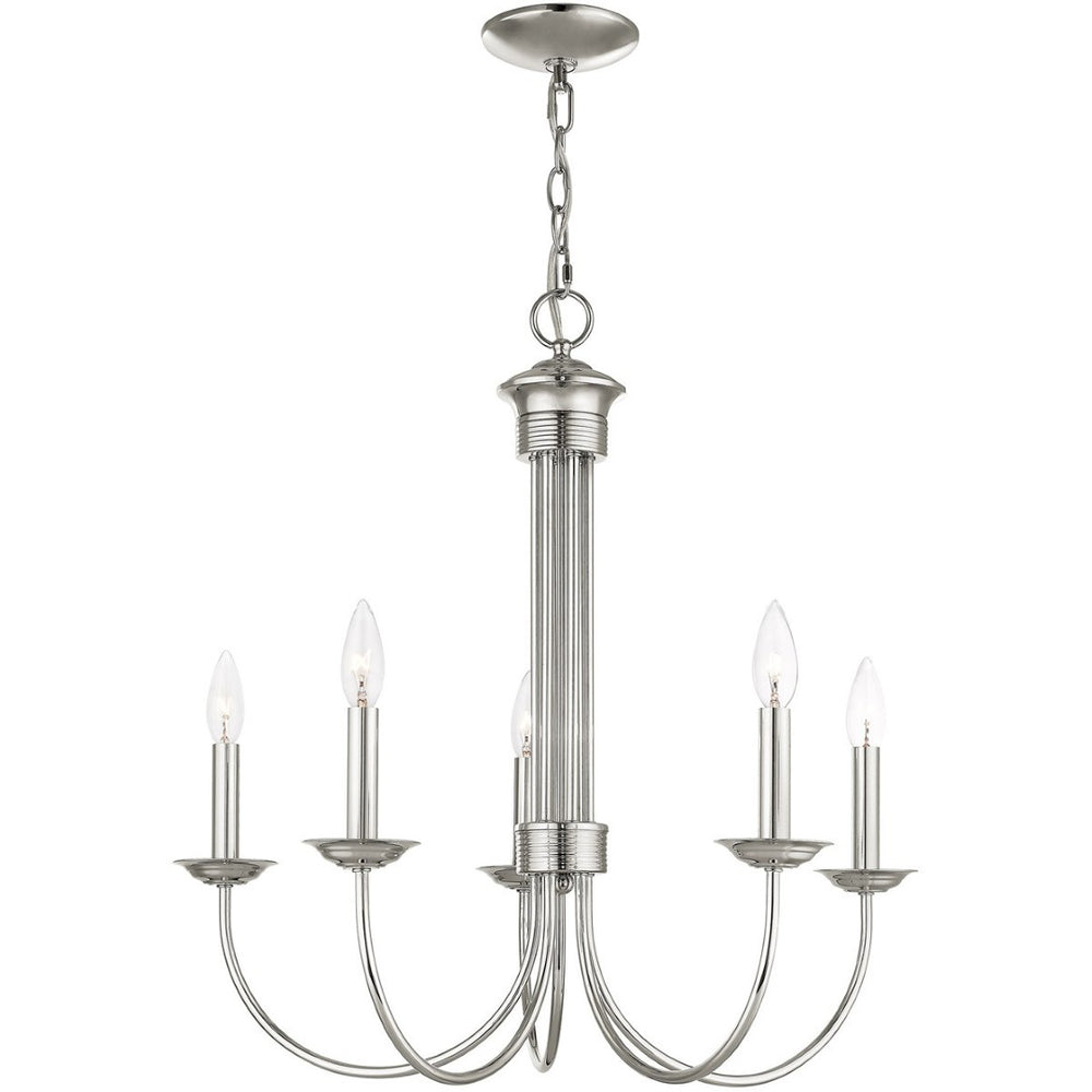 HomeRoots Nickel Five-Light Dimmable Chandelier - Modern Metal Design with Cylinder Shades for Elegant Lighting 687365