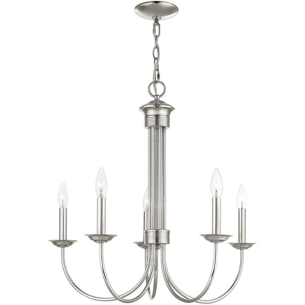 HomeRoots Nickel Five-Light Dimmable Chandelier - Modern Metal Design with Cylinder Shades for Elegant Lighting 687365