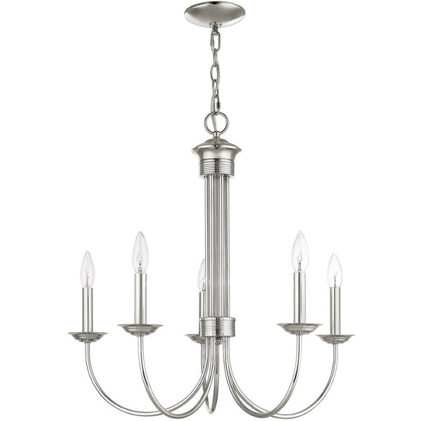 HomeRoots Nickel Five-Light Dimmable Chandelier - Modern Metal Design with Cylinder Shades for Elegant Lighting 687365