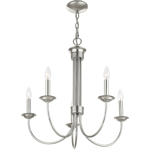 HomeRoots Nickel Five-Light Dimmable Chandelier - Modern Metal Design with Cylinder Shades for Elegant Lighting 687365
