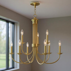 HomeRoots Nine Light Dimmable Chandelier - Modern Steel Shades for Elegant Spaces, Adjustable Ambiance & Style 687368