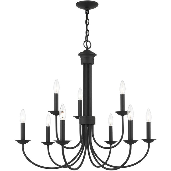 HomeRoots Black Nine-Light Dimmable Chandelier – Modern Cylinder Shades for Warm Ambiance in Any Space 687369