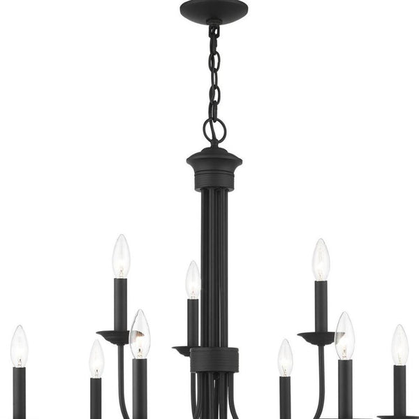 HomeRoots Black Nine-Light Dimmable Chandelier – Modern Cylinder Shades for Warm Ambiance in Any Space 687369