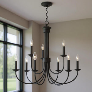 HomeRoots Black Nine-Light Dimmable Chandelier – Modern Cylinder Shades for Warm Ambiance in Any Space 687369