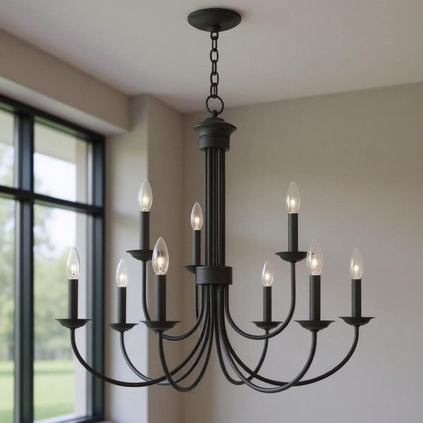 HomeRoots Black Nine-Light Dimmable Chandelier – Modern Cylinder Shades for Warm Ambiance in Any Space 687369