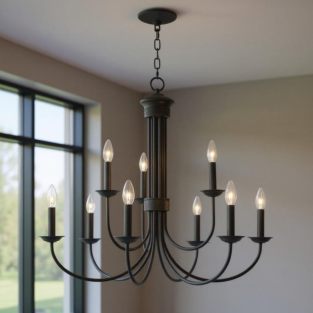HomeRoots Bronze Nine-Light Dimmable Chandelier with Elegant Shades for Modern Home Décor and Ambiance 687370