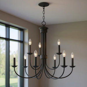 HomeRoots Bronze Nine-Light Dimmable Chandelier with Elegant Shades for Modern Home Décor and Ambiance 687370