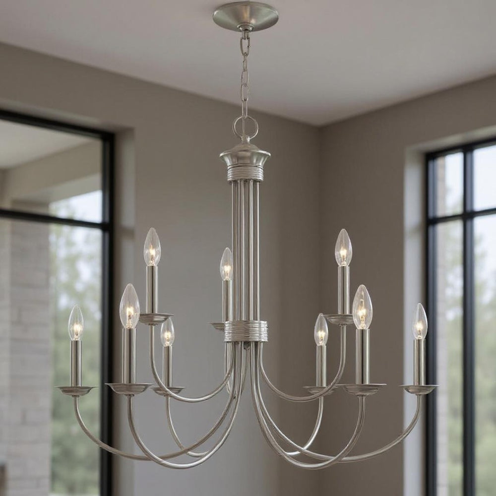 HomeRoots Nine Light Dimmable Chandelier – Modern Cylindrical Shades for Versatile Illumination in Any Space 687371