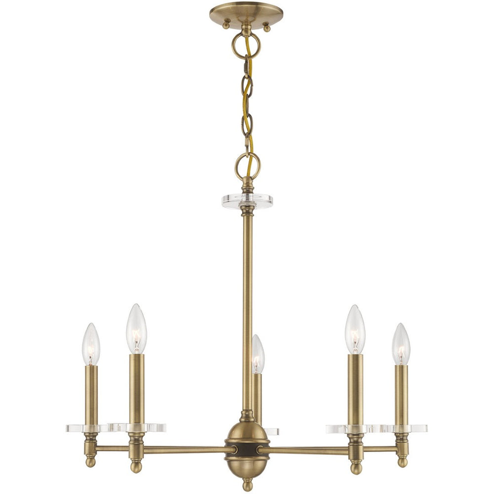 HomeRoots Antiqued Brass Five-Light Dimmable Chandelier with Clear Cylinder Shades for Elegant Illumination 687380