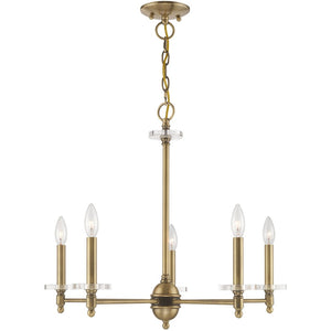 HomeRoots Antiqued Brass Five-Light Dimmable Chandelier with Clear Cylinder Shades for Elegant Illumination 687380