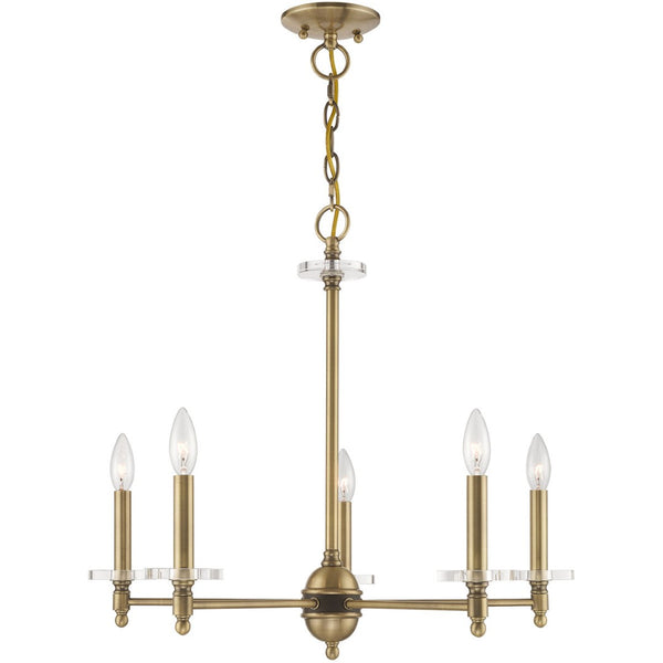 HomeRoots Antiqued Brass Five-Light Dimmable Chandelier with Clear Cylinder Shades for Elegant Illumination 687380