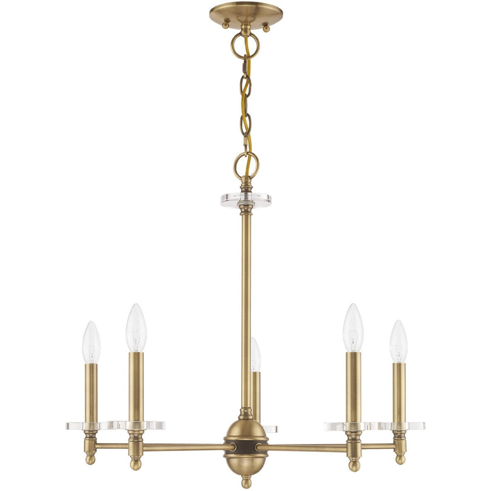 HomeRoots Antiqued Brass Five-Light Dimmable Chandelier with Clear Cylinder Shades for Elegant Illumination 687380