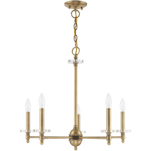 HomeRoots Antiqued Brass Five-Light Dimmable Chandelier with Clear Cylinder Shades for Elegant Illumination 687380