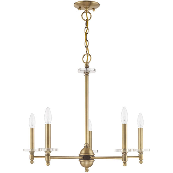 HomeRoots Antiqued Brass Five-Light Dimmable Chandelier with Clear Cylinder Shades for Elegant Illumination 687380