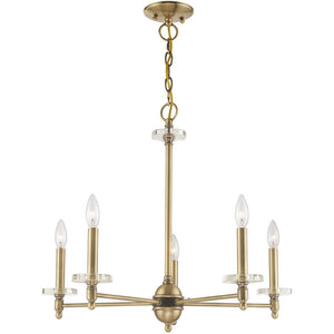 HomeRoots Antiqued Brass Five-Light Dimmable Chandelier with Clear Cylinder Shades for Elegant Illumination 687380