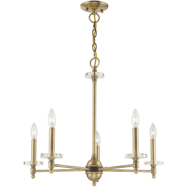 HomeRoots Antiqued Brass Five-Light Dimmable Chandelier with Clear Cylinder Shades for Elegant Illumination 687380