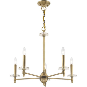 HomeRoots Antiqued Brass Five-Light Dimmable Chandelier with Clear Cylinder Shades for Elegant Illumination 687380