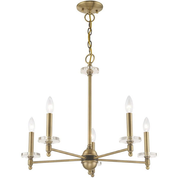 HomeRoots Antiqued Brass Five-Light Dimmable Chandelier with Clear Cylinder Shades for Elegant Illumination 687380