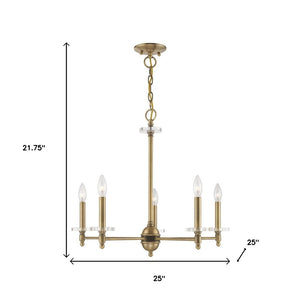 HomeRoots Antiqued Brass Five-Light Dimmable Chandelier with Clear Cylinder Shades for Elegant Illumination 687380