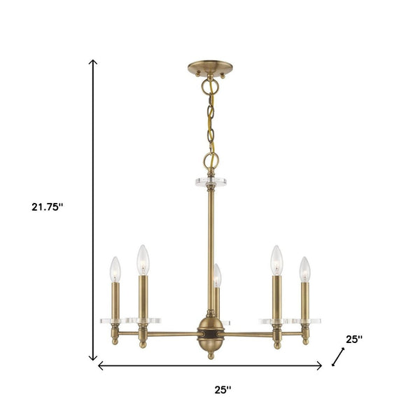HomeRoots Antiqued Brass Five-Light Dimmable Chandelier with Clear Cylinder Shades for Elegant Illumination 687380