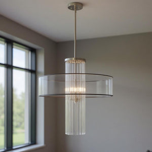 HomeRoots Four Light Dimmable Chandelier - Modern Cylinder Shades, Durable Steel, Perfect for Any Room Style 687387