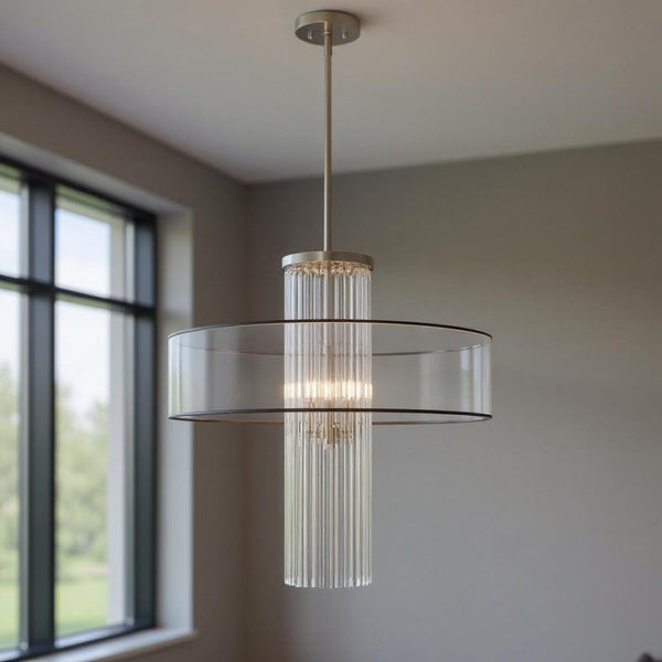 HomeRoots Four Light Dimmable Chandelier - Modern Cylinder Shades, Durable Steel, Perfect for Any Room Style 687387