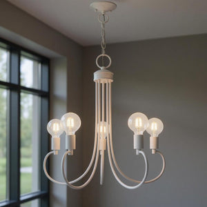 HomeRoots White Five-Light Dimmable Chandelier with Sleek Steel Shades – Modern Design for Any Room 687393