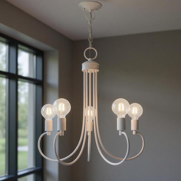 HomeRoots White Five-Light Dimmable Chandelier with Sleek Steel Shades – Modern Design for Any Room 687393