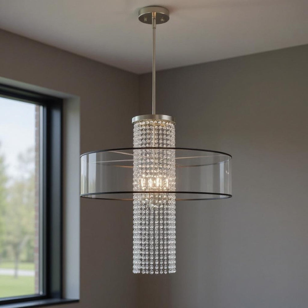 HomeRoots Four Light Dimmable Chandelier with Modern Cylinder Shades for Elegant Home Lighting Solutions 687400