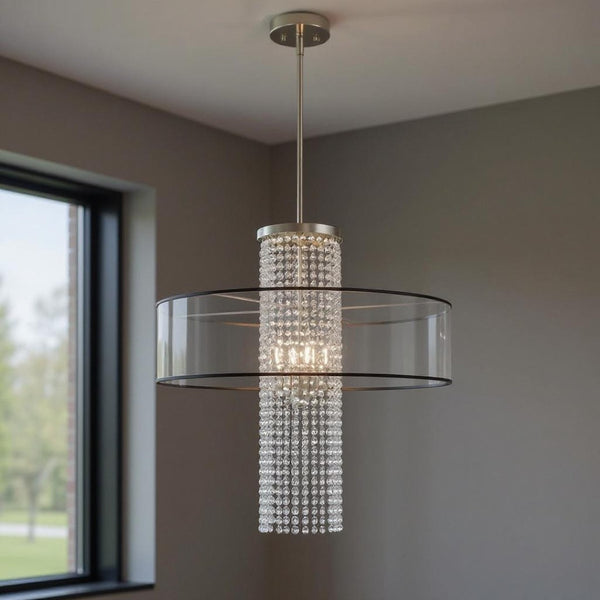 HomeRoots Four Light Dimmable Chandelier with Modern Cylinder Shades for Elegant Home Lighting Solutions 687400