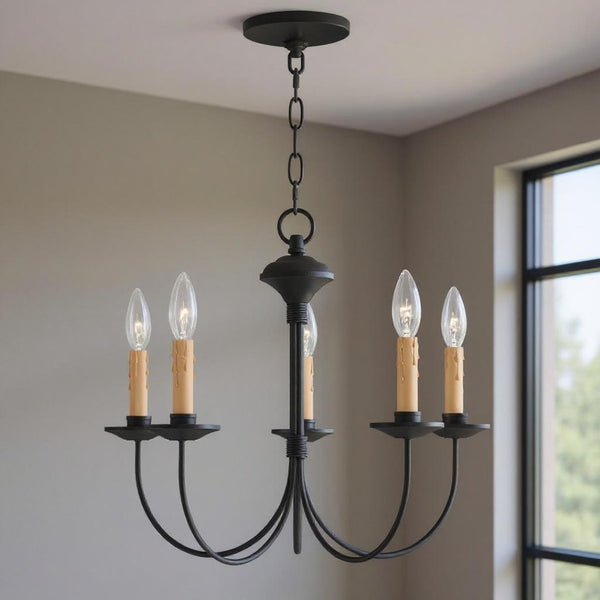 HomeRoots Black Five-Light Dimmable Chandelier - Modern Matte Black Fixture for Dining and Living Spaces 687403