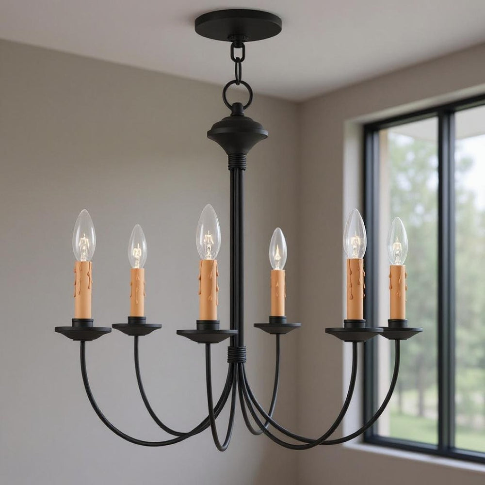 HomeRoots Black Six-Light Dimmable Chandelier - Modern Elegance with Cylinder Shades for Versatile Spaces 687404