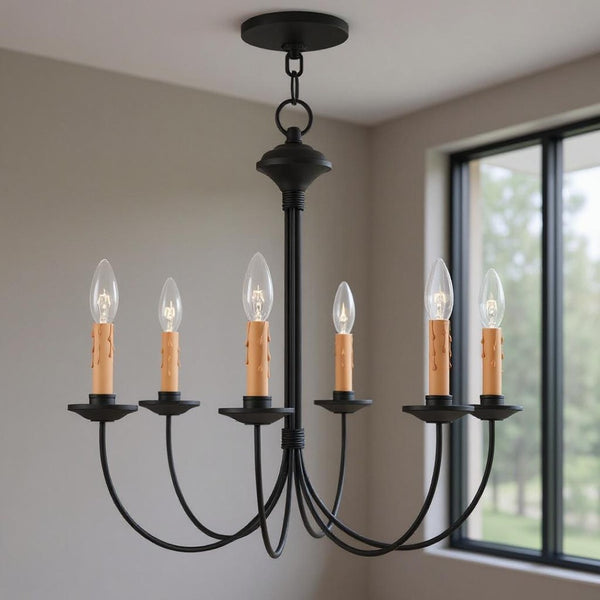 HomeRoots Black Six-Light Dimmable Chandelier - Modern Elegance with Cylinder Shades for Versatile Spaces 687404
