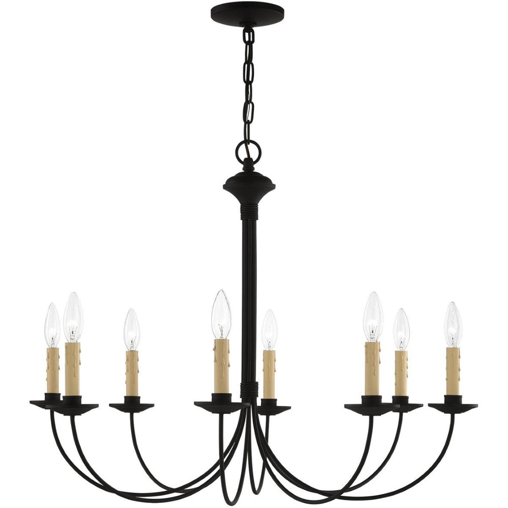 HomeRoots Black Eight-Light Metal Dimmable Chandelier with Cylindrical Shades for Modern Home Ambiance 687405