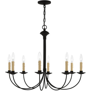 HomeRoots Black Eight-Light Metal Dimmable Chandelier with Cylindrical Shades for Modern Home Ambiance 687405