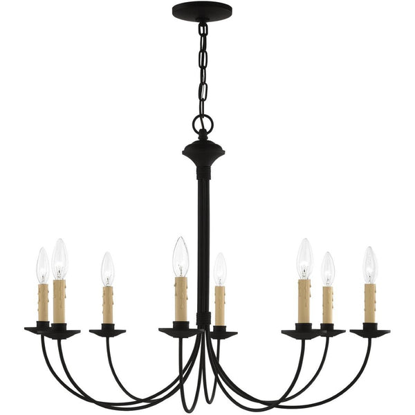 HomeRoots Black Eight-Light Metal Dimmable Chandelier with Cylindrical Shades for Modern Home Ambiance 687405